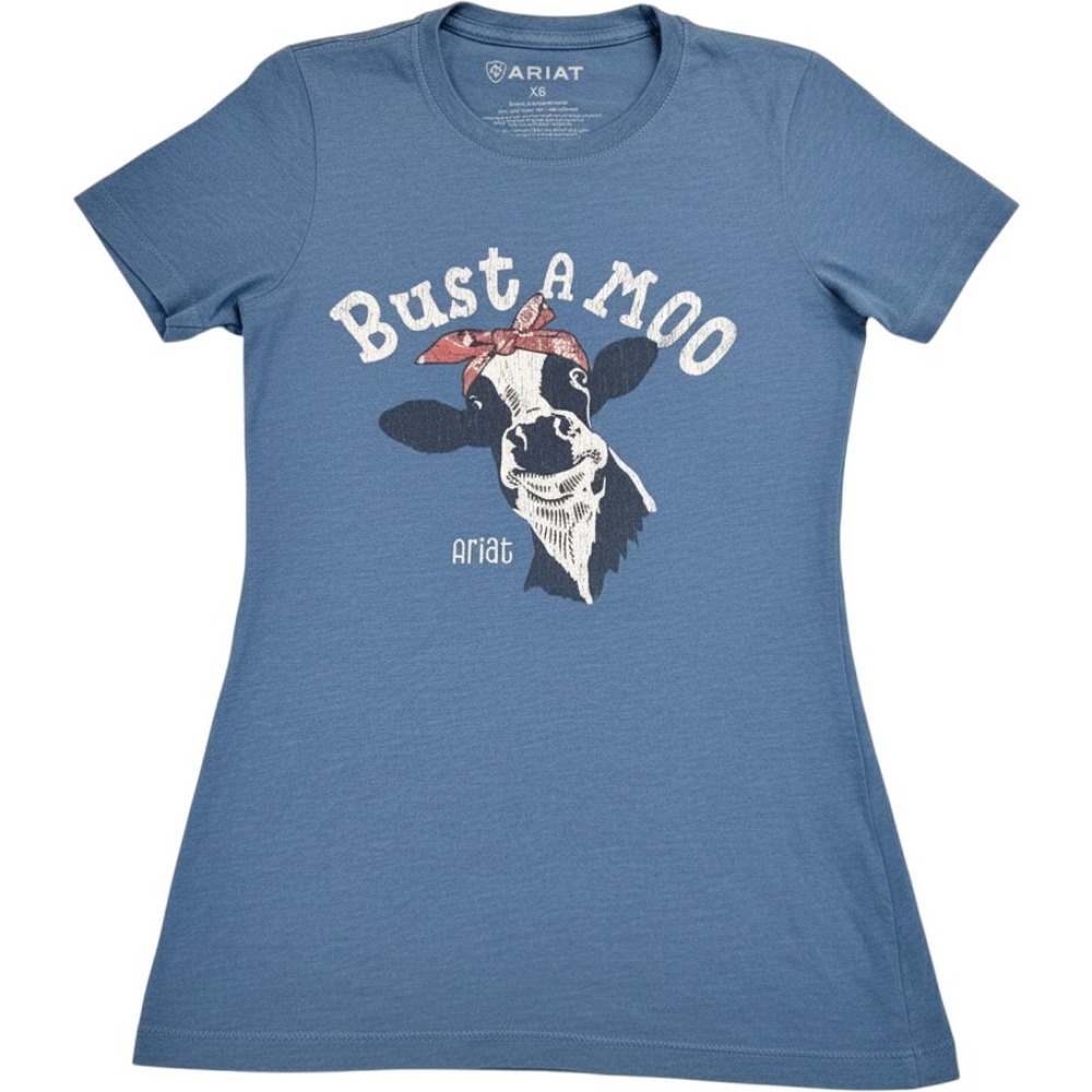 Ariat Bust A Moo‎ Cow Graphic T-Shirt Blue Heather Womens XS Short Sleeve Tee